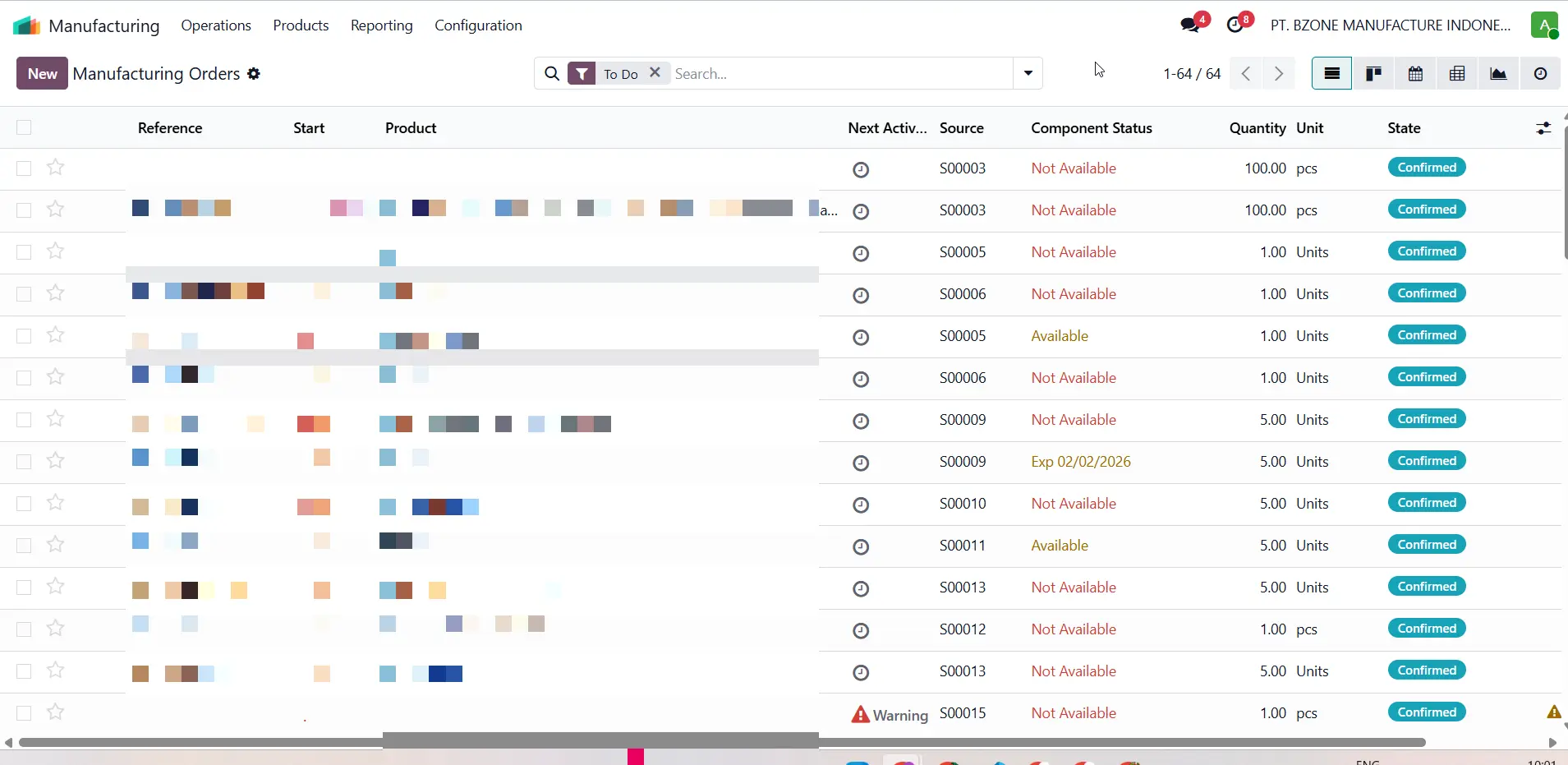 Antarmuka software ERP BZOne IT Inventory yang menampilkan daftar Manufacturing Orders, status komponen, dan popup Material Requirement Breakdown.